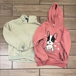 Pink Graphic Hoodie with Puppy + Sage Green Pullover Hoodie